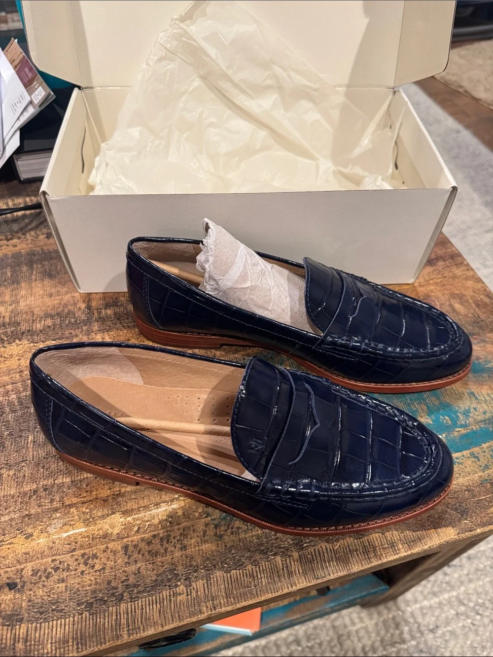 Women’s Navy Croc-Embossed Leather Penny Loafers - Picture 2 of 5